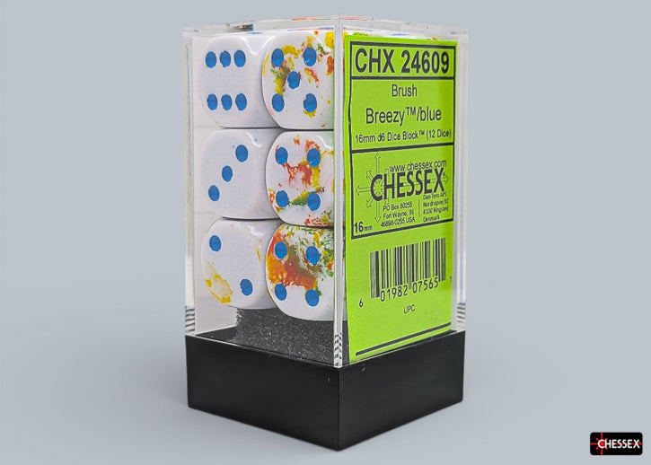 Chessex d6 Dice Block - Breezy/blue 16mm (12 dice) - Set of twelve 16mm translucent white dice with blue and yellow swirls and blue pips in clear plastic box with black base.