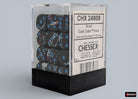 Chessex d6 Dice Block - Dark Side/blue 12mm (36 dice) - 36 translucent blue 12mm six-sided dice with black swirl pattern inside clear plastic storage box.