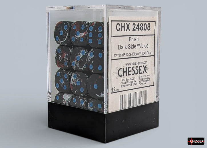 Chessex d6 Dice Block - Dark Side/blue 12mm (36 dice) - 36 translucent blue 12mm six-sided dice with black swirl pattern inside clear plastic storage box.