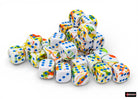Chessex d6 Dice Block - Breezy/blue 12mm (36 dice) - 36 white acrylic d6 dice with colorful breezy blue, green, orange, and yellow speckles and blue pips.