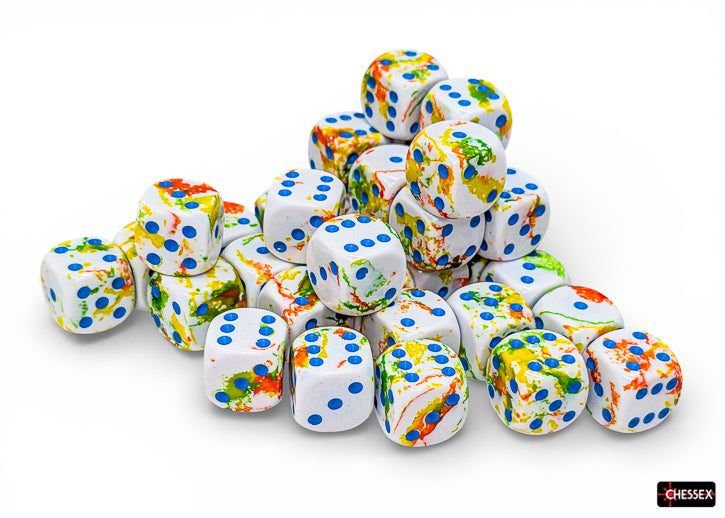 Chessex d6 Dice Block - Breezy/blue 12mm (36 dice) - 36 white acrylic d6 dice with colorful breezy blue, green, orange, and yellow speckles and blue pips.