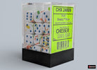 Chessex d6 Dice Block - Breezy/blue 12mm (36 dice) - Transparent plastic box containing thirty-six 12mm blue acrylic six-sided dice with white faces and colorful pips.