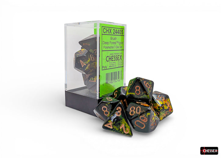 Chessex Polyhedral 7-Die Set - Forest/gold - Seven acrylic polyhedral dice in forest green with gold numbers, shown with clear packaging box.