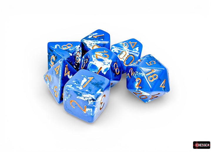 Chessex Polyhedral 7-Die Set - Wavebreak/gold - Seven acrylic polyhedral dice in translucent blue with gold numbers, including d4, d6, d8, d10, d12, and d20 shapes.