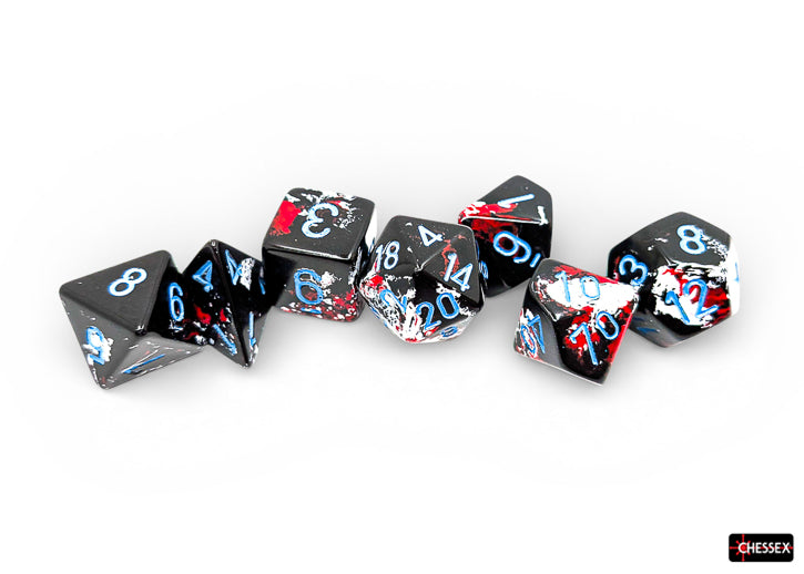 Chessex Polyhedral 7-Die Set - Dark Side/blue - Set of seven black acrylic polyhedral dice with blue and red marbled pattern and white numbering.