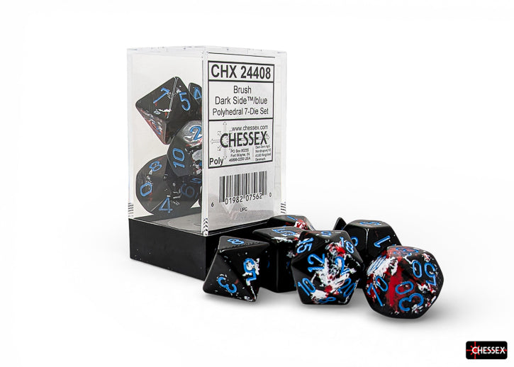 Chessex Polyhedral 7-Die Set - Dark Side/blue - Set of seven black acrylic polyhedral dice with blue and red numbering, displayed with clear packaging.