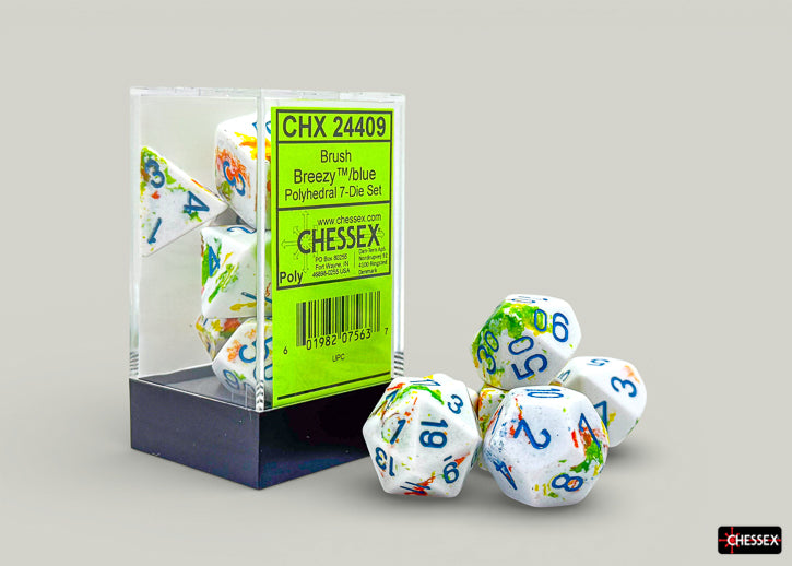Chessex Polyhedral 7-Die Set - Breezy/blue - Seven acrylic polyhedral dice set in translucent white with colorful numbers, includes d4, d6, d8, d10, d12, d20.