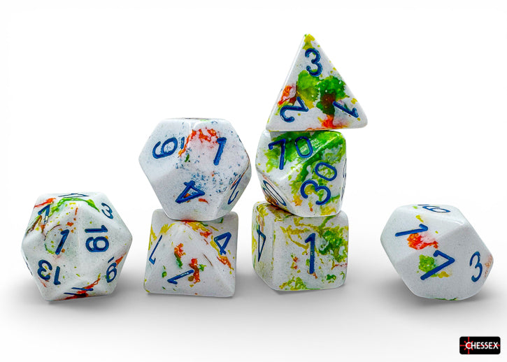 Chessex Polyhedral 7-Die Set - Breezy/blue - Set of seven clear acrylic polyhedral dice with blue numbers and colorful abstract paint splatter patterns.