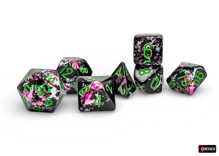 Chessex Polyhedral 7-Die Set - Paintball/green - Seven green and black acrylic polyhedral dice with bright pink numbers, including d20, d12, d10, d8, d6, d4, and percentile.