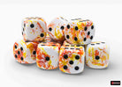Chessex d6 Dice Block - Brush Sunrise/black 16mm (12 dice) - Set of twelve 16mm acrylic d6 dice with brush stroke patterns in sunrise colors and black dots.