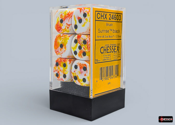 Chessex d6 Dice Block - Brush Sunrise/black 16mm (12 dice) - Set of twelve 16mm acrylic d6 dice in a brush sunrise color with black pips, stacked in a clear plastic case.