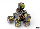 Chessex d6 Dice Block - Deep Forest/gold 16mm (12 dice) - Set of twelve 16mm acrylic six-sided dice in deep forest green with gold pips and orange-yellow speckled accents.