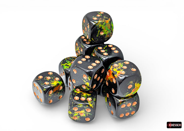 Chessex d6 Dice Block - Deep Forest/gold 16mm (12 dice) - Set of twelve 16mm acrylic six-sided dice in deep forest green with gold pips and orange-yellow speckled accents.