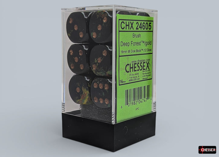 Chessex d6 Dice Block - Deep Forest/gold 16mm (12 dice) - Clear plastic block containing twelve deep forest green six-sided dice with gold pips, 16mm acrylic dice set by Chessex.