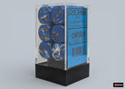 Chessex d6 Dice Block - Wavebreak/gold 16mm (12 dice) - Set of twelve 16mm acrylic d6 dice with a wavebreak pattern of blue, white, and gold inside a clear plastic box.