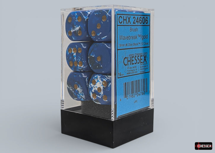 Chessex d6 Dice Block - Wavebreak/gold 16mm (12 dice) - Set of twelve 16mm acrylic d6 dice with a wavebreak pattern of blue, white, and gold inside a clear plastic box.