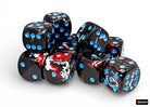 Chessex d6 Dice Block - Dark Side/blue 16mm (12 dice) - Set of twelve 16mm black acrylic six-sided dice with vibrant blue pips and red-white marbled accents.