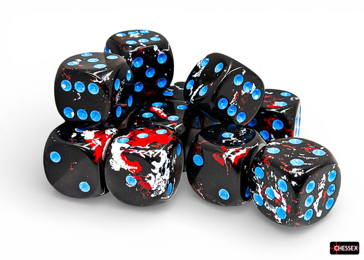 Chessex d6 Dice Block - Dark Side/blue 16mm (12 dice) - Set of twelve 16mm black acrylic six-sided dice with vibrant blue pips and red-white marbled accents.