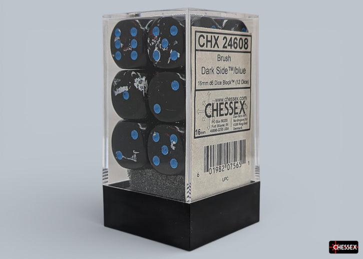 Chessex d6 Dice Block - Dark Side/blue 16mm (12 dice) - Set of twelve 16mm black acrylic six-sided dice with blue pips in clear plastic box.