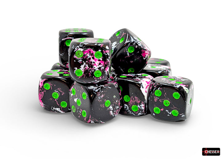 Chessex d6 Dice Block - Paintball/green 16mm (12 dice) - Set of twelve black acrylic six-sided dice with bright green pips and pink paint splatter accents, 16mm size.