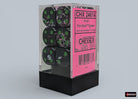 Chessex d6 Dice Block - Paintball/green 16mm (12 dice) - Clear plastic box containing twelve 16mm green acrylic six-sided dice with black and neon pink paint splatter pattern.