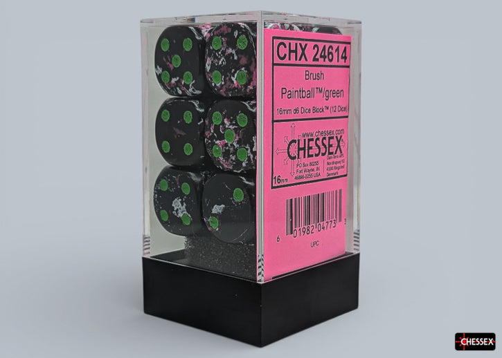 Chessex d6 Dice Block - Paintball/green 16mm (12 dice) - Clear plastic box containing twelve 16mm green acrylic six-sided dice with black and neon pink paint splatter pattern.