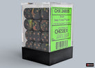 Chessex d6 Dice Block - Deep Forest/gold 12mm (36 dice) - Clear plastic box containing thirty-six deep green acrylic six-sided dice with gold numbering, labeled Chessex d6 Dice Block