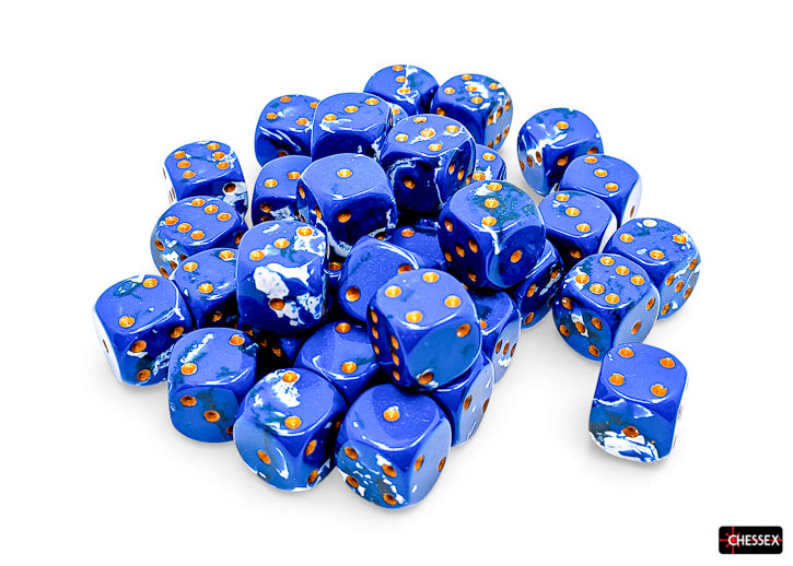 Chessex d6 Dice Block - Wavebreak/gold 12mm (36 dice) - 36 blue acrylic six-sided dice with gold pips and white wave designs, 12mm size.