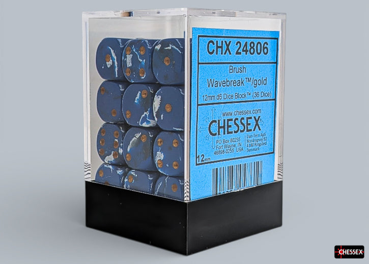 Chessex d6 Dice Block - Wavebreak/gold 12mm (36 dice) - 36 translucent blue 12mm d6 dice with gold numbers in a clear acrylic display box.