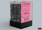 Chessex d6 Dice Block - Paintball/green 12mm (36 dice) - Clear plastic block containing 36 green and black paintball-patterned 12mm acrylic six-sided dice with white pips.