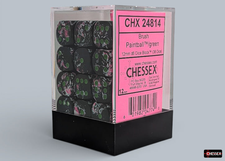 Chessex d6 Dice Block - Paintball/green 12mm (36 dice) - Clear plastic block containing 36 green and black paintball-patterned 12mm acrylic six-sided dice with white pips.