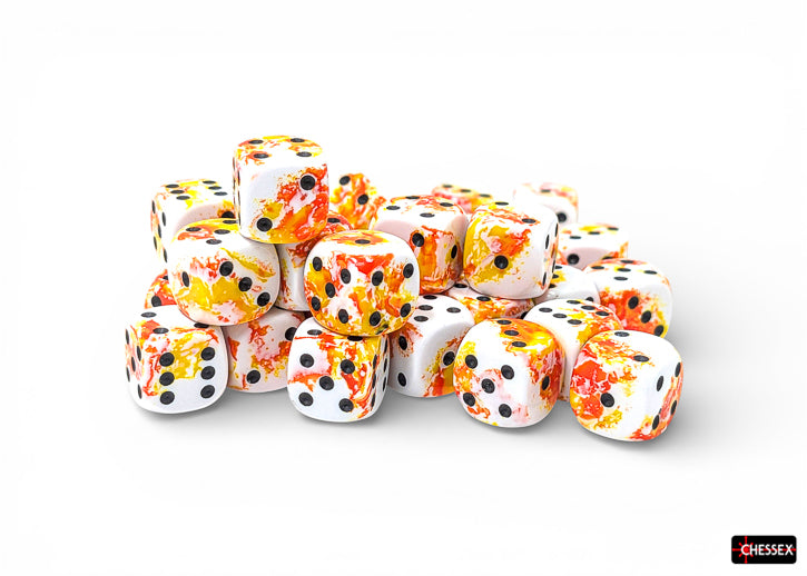 Chessex d6 Dice Block - Sunrise/black 12mm (36 dice) - Set of translucent acrylic six-sided dice with vibrant orange, yellow, and black swirls, 12mm size.