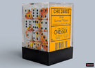 Chessex d6 Dice Block - Sunrise/black 12mm (36 dice) - Clear plastic container holding 36 acrylic d6 dice with orange, yellow, and white swirls and black pips.