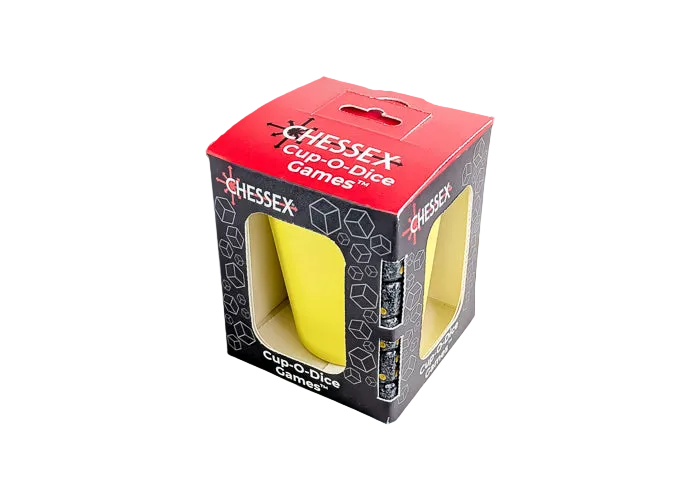 Cup-O-Dice Games™ - Yellow (PREORDER) - Black and red cube packaging with yellow dice visible inside, featuring the Essex Cup-O-Dice Games logo and die-cut windows.