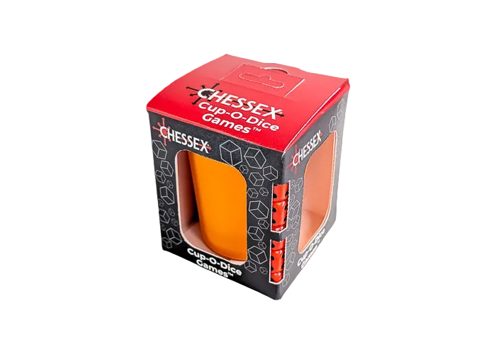 Cup-O-Dice Games™ - Orange (PREORDER) - Orange translucent dice inside a clear plastic cup with a black and red branded packaging box.