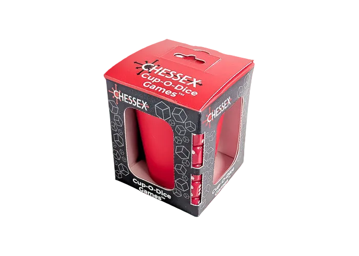 Cup-O-Dice Games™ - Red (PREORDER) - Red cylindrical dice cup with white logo, packaged in black and red Chessex branded box with clear window panels.