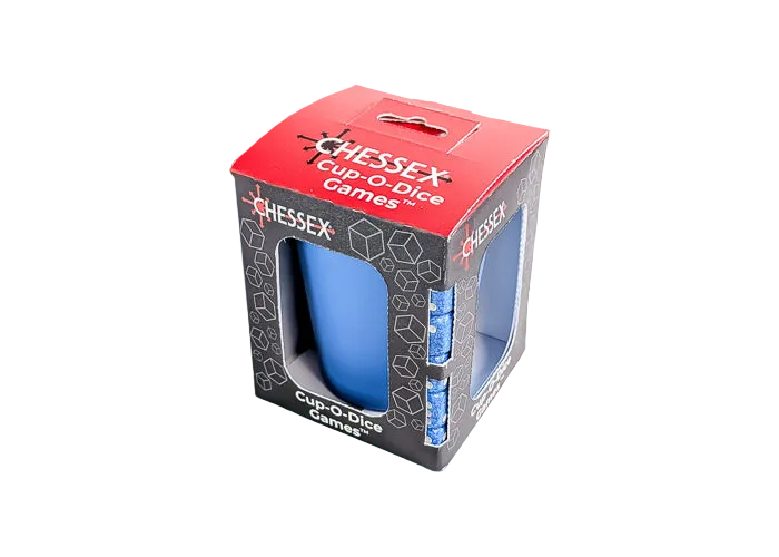 Cup-O-Dice Games™ - Blue (PREORDER) - Blue dice cup set in black and red box packaging with window display and white text branding.