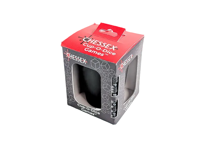 Cup-O-Dice Games™ - Black (PREORDER) - Black dice cup with white dice inside, packaged in a red and black box with clear windows and white branding text.