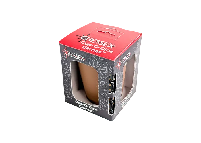 Cup-O-Dice Games™ - Brown (PREORDER) - Brown dice with rounded edges inside a red and gray cardboard box featuring clear plastic windows and white text branding.