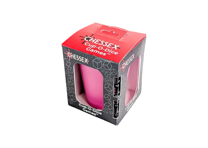 Cup-O-Dice Games™ - Rose (PREORDER) - Compact pink dice cup with matching pink dice inside, packaged in a black and red Chessex box with clear windows.