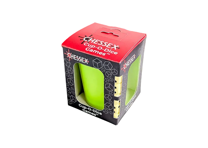 Cup-O-Dice Games™ - Neon Green (PREORDER) - Black and red box packaging with clear window showing neon green dice cup inside.