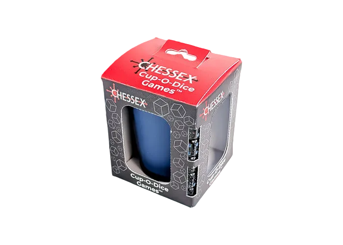 Cup-O-Dice Games™ - Sapphire Blue (PREORDER) - Sapphire blue cylindrical dice cup in black and red hexagonal-themed packaging with clear window.