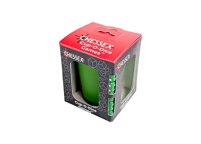 Cup-O-Dice Games™ - Green (PREORDER) - Green dice cup with matching green dice inside, packaged in a black and red Chessex-branded box with clear windows.