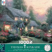 Thomas Kinkade - Julianne's Cottage - 1000 Piece Jigsaw Puzzle - Thomas Kinkade Julianne's Cottage 1000-piece puzzle featuring a glowing thatched-roof cottage surrounded by colorful flowers