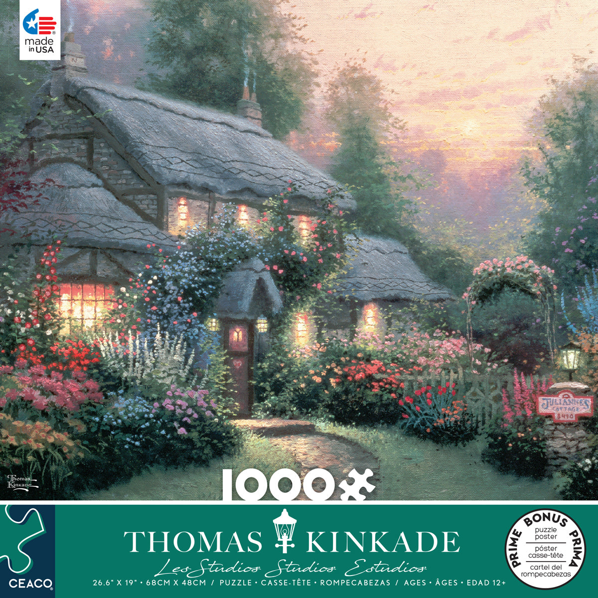 Thomas Kinkade - Julianne's Cottage - 1000 Piece Jigsaw Puzzle - Thomas Kinkade Julianne's Cottage 1000-piece puzzle featuring a glowing thatched-roof cottage surrounded by colorful flowers