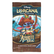 Lorcana TCG: Azurite Sea Booster Pack - Lorcana TCG Azurite Sea booster pack featuring Stitch in pirate hat on wooden ship deck design, blue and brown colors.