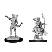 D&D Nolzur's Marvelous Miniatures: Elf Ranger Female - Two unpainted gray plastic miniatures of female elf rangers, one standing with arm extended and quiver on back, the other.