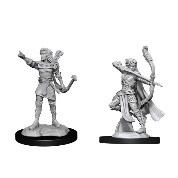 D&D Nolzur's Marvelous Miniatures: Elf Ranger Female - Two unpainted gray plastic miniatures of female elf rangers, one standing with arm extended and quiver on back, the other.