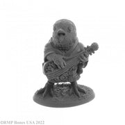 Kobzar Soloveiko, Nightengale Bard - Gray miniature fantasy bird bard holding a lute, standing on textured round base.