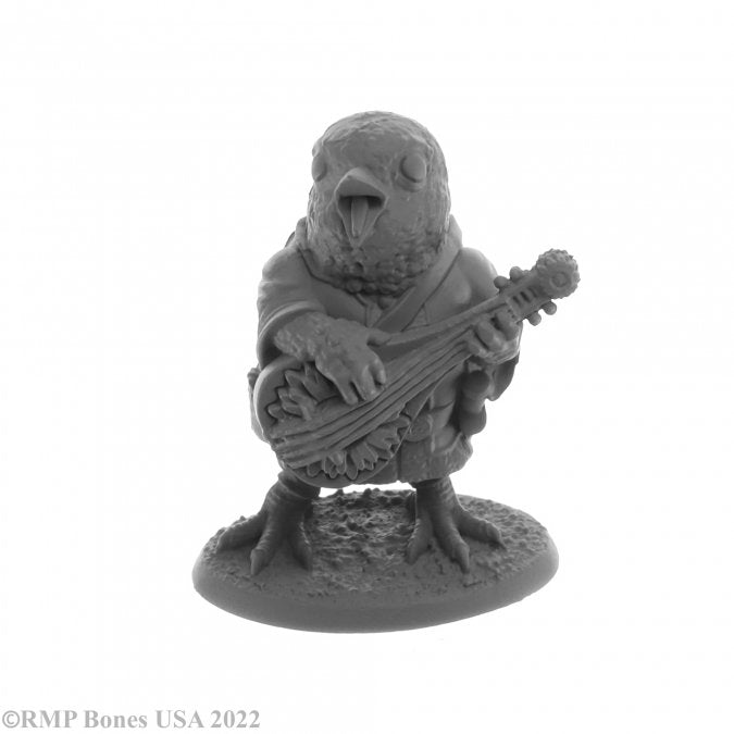 Kobzar Soloveiko, Nightengale Bard - Gray miniature fantasy bird bard holding a lute, standing on textured round base.
